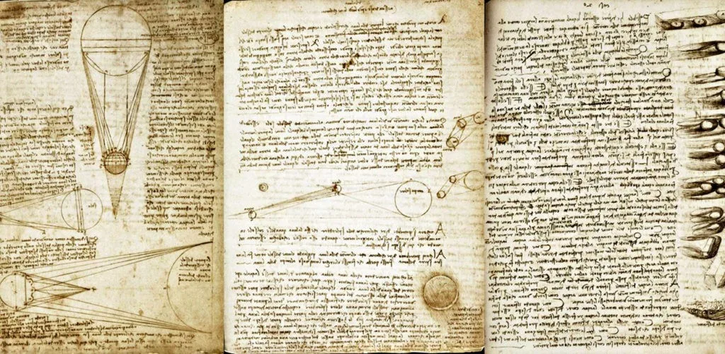 Pagina uit de Codex Leicester van Leonardo da Vinci, met spiegelschrift en schetsen over water (publiek domein).