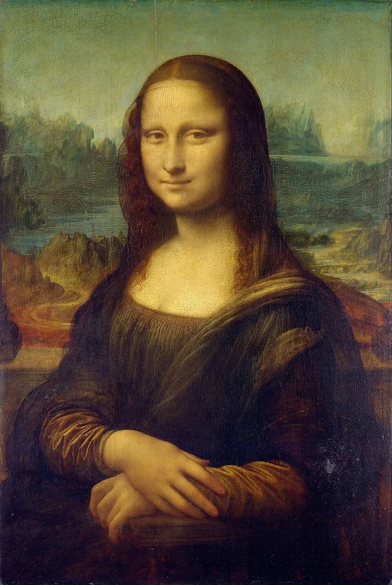Mona Lisa (La Gioconda) van Leonardo da Vinci, olieverf op paneel, Louvre (publiek domein).